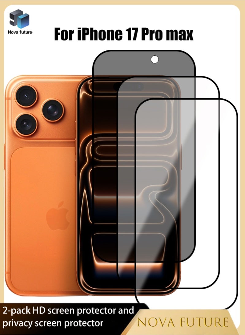 مستقبل نوفا تتضمن مجموعة الحماية 2+1 لهاتف Apple iPhone 17 Pro max واقي شاشة واحد للخصوصية [صلابة 9H، زاوية خصوصية 28 درجة، مقاوم للخدش] + واقيين للشاشة عاليي الوضوح [شفافية عالية، لمسة حساسة، مقاوم للكسر، زوايا مستديرة]. - Image 1